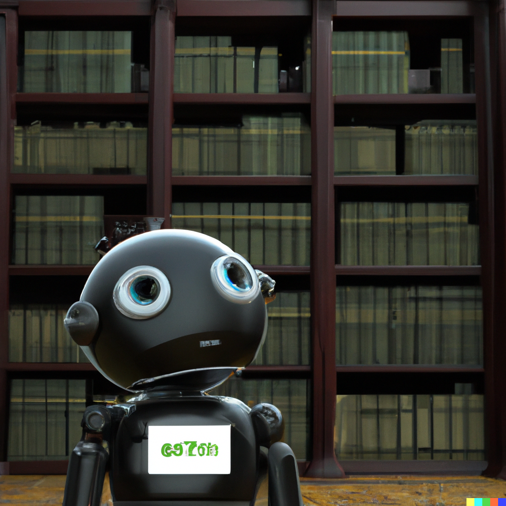 DALL-E: 3d render of a depressed black tiny robot toy in front of an ancient library