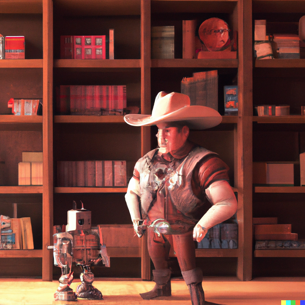 DALL-E: John Wayne dressed as a cowboy and a tiny robot in front of an ancient book shelf, digital art