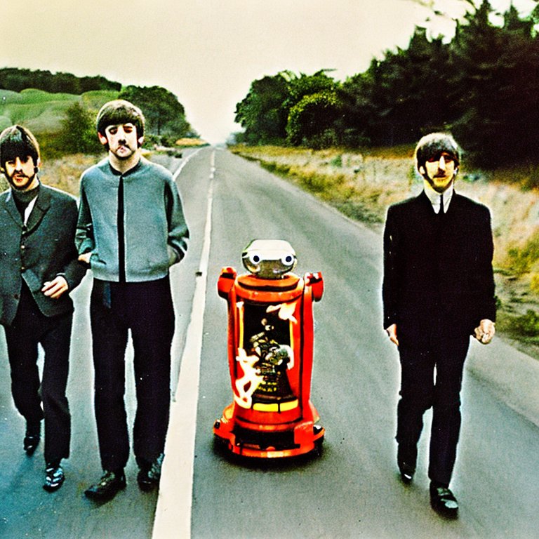 Stable Diffusion: The Beatles on a long and winding road with a robot on fire, Nikon 35 mm