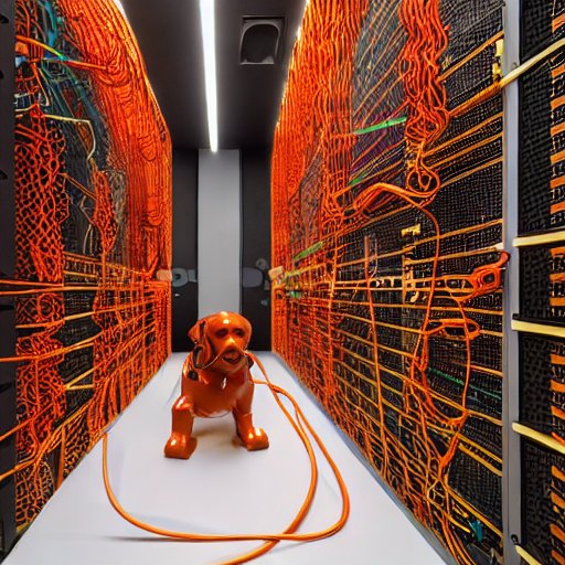 Stable Diffusion: a dog sculpture of orange red and yellow murano glass in front of a huge server room with loads of cables